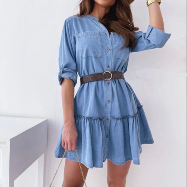 

casual dresses shirt denim dress woman ruffles long sleeve for women 2021 autumn pocket button mini a-line ladies, Black;gray