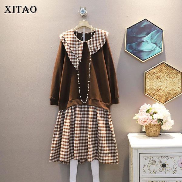 

casual dresses xitao irregular dress fashion women patchwork plaid 2021 pleated small fresh style elegant loose zy2534, Black;gray