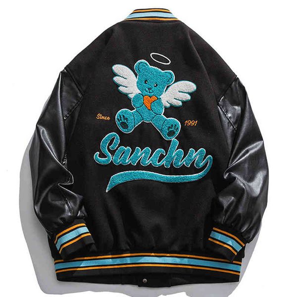 

men's jackets mode of cartoons vintage angel bear assembling man's baseball jacket hip hop bomber streetwear harajuku loose autumn, Black;brown
