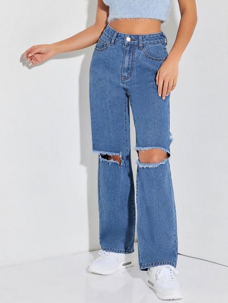 

petite high waist ripped straight leg jeans 56g0#, Blue