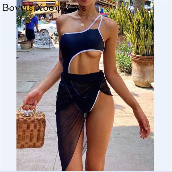 

women color border strap skinny one-piece swimwear & mesh apron bikini sets sets