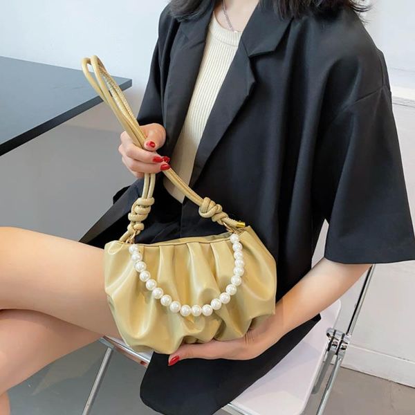 

evening bags summer niche pu small bag female 2021 trendy pearl underarm fold cloud messenger 31599