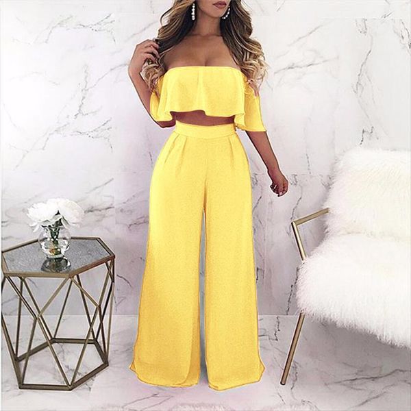 

backless off shoulder summer womens pants 2 piece set cropped amp wide leg yellow casual outfits, White