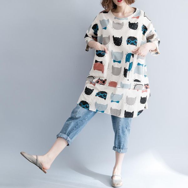 

new casual cartoon print loose o-neck half sleeve long 2021 summer women plus size 2 colors irregular t-shirts, White