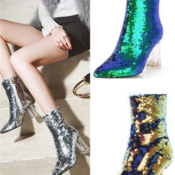 

boots girls sequins bling crystal fish scales wholesale heels tube boots short toe pointed fashion ankle zipper 1qsa, Black