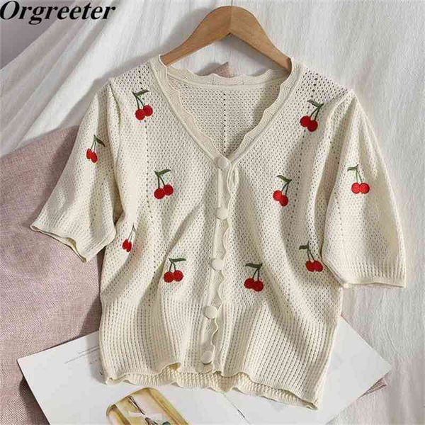 

thin hollow out knit cardigan wavy edge v-neck sweater summer korean embroidery cherry women's tshirt blouse 210602, White;black