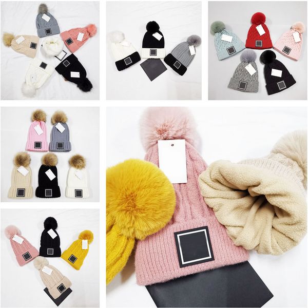 

22 colors fashion women ladies keep warm winter beanie large faux fur pom poms bobble hat designer brand double letter knitted ski cap black, Blue;gray