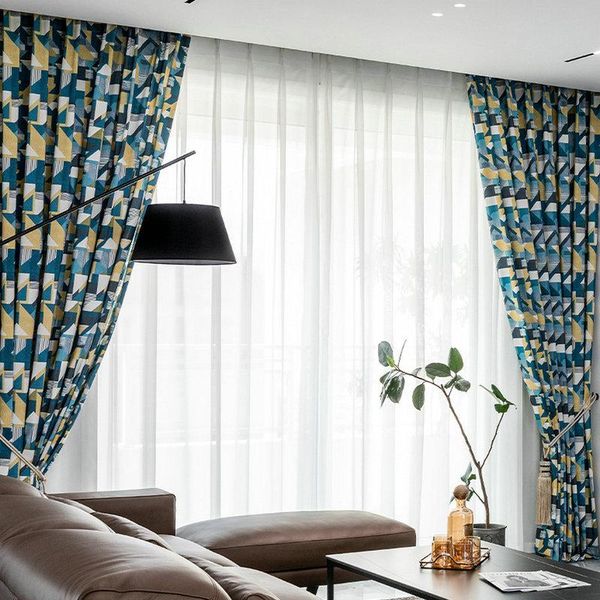 

blue geometry print curtains for living dining room bedroom blackout curtain tulle sheers fabrics ready made finished