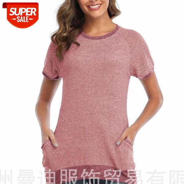 

2021 women loose t-shirts summer round neck short sleeve pocket patchwork tee wdc6685 #se0z, White