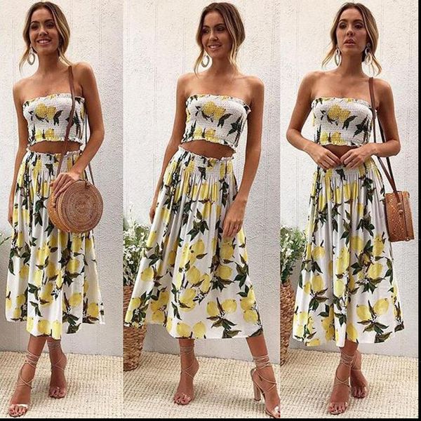 

women fold print 2 piece set summer for female women tube crop two set skirt backless two piece, Gray