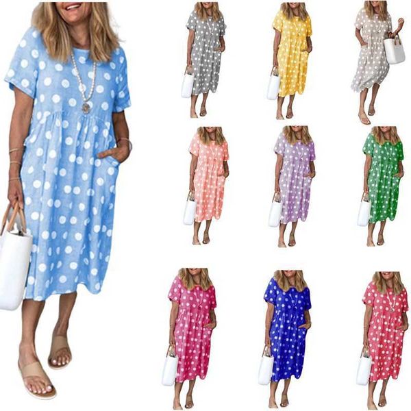 

summer version 2021 polka dot print pocket loose short sleeve french dress, Black;gray