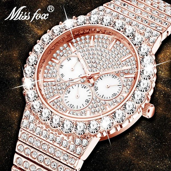 

dropshipping missfox rose gold ice out men's watches waterproof analog date wristwatch sport chronograph new, Slivery;brown