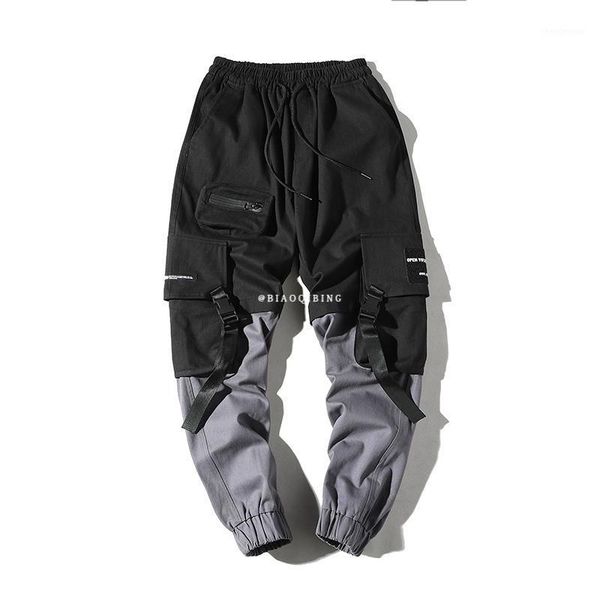 

pachwork cotton cargo pants 2021 streetwear hip hop ribbons joggers men japanese style black casual track fashions men's