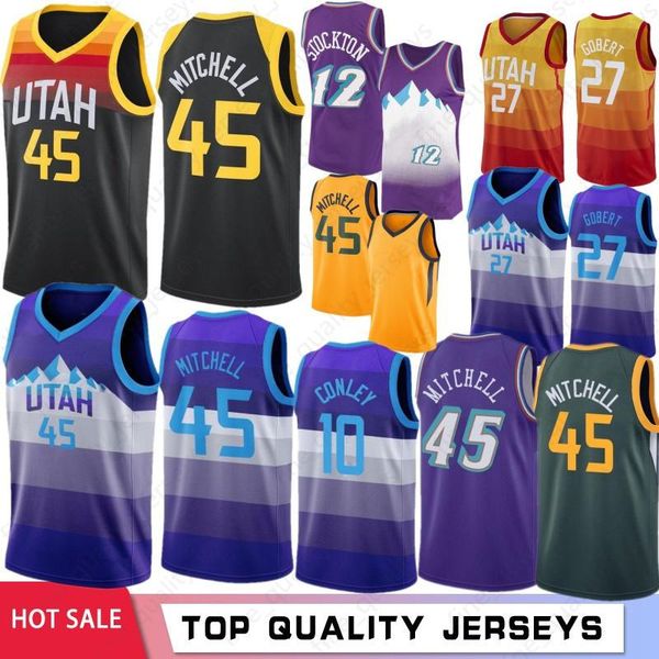 

men basketball rudy gobert jersey 27 donovan mitchell 45 john stockton 12 karl malone 32 mike conley 10 edition earned city s-2xl, Black;red