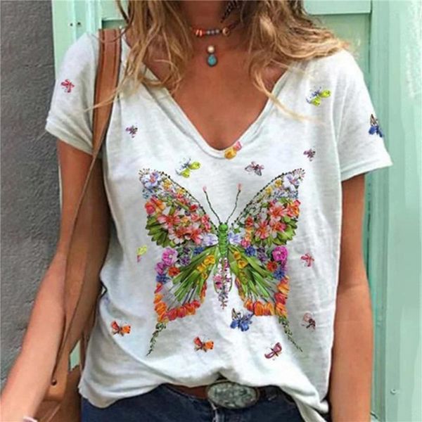 

women's t-shirt butterflies printed women short-sleeved v-neck casual clothes ladies fashion clothing female graphic t shirts, White