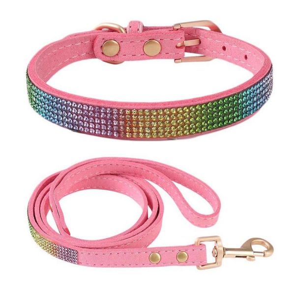 

2021 pet shiny rhinestone collar leash set dog cat durable dog collar traction rope 2pcs/suit