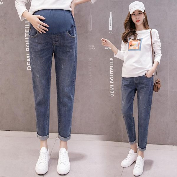 

cotton elastic waist belly denim maternity jeans spring autumn casual harem pants for pregnant women pregnancy trousers, White
