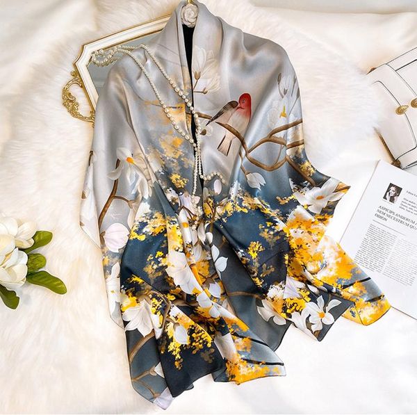 

hats, scarves & gloves sets women silk scarf 2 colors fashion flower birds print spring summer autumn shawls 53*170cm, Blue;gray