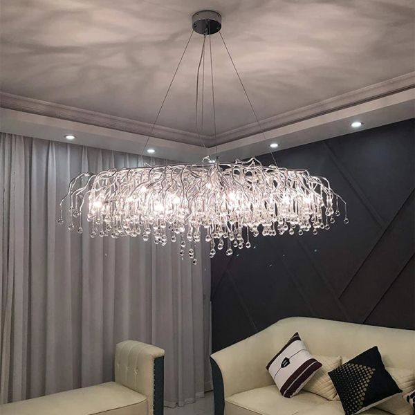 Lampadario rettangolare in argento americano per soggiorno ristorante Lampada da soffitto in cristallo a sospensione Lampada a sospensione a goccia di pioggia