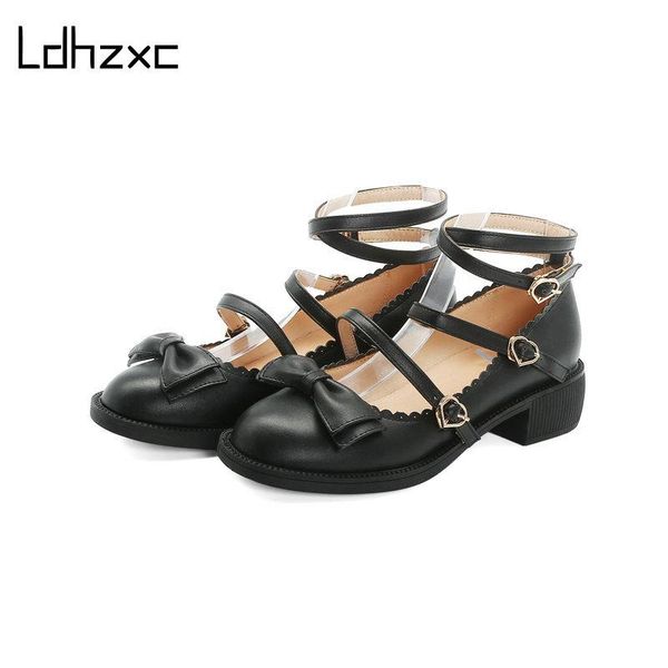 

ldhzxc 2021 women pump mary janes female single shoes roune toe ankle strap buckle high heels girls cosplay shoes japanese style, Black