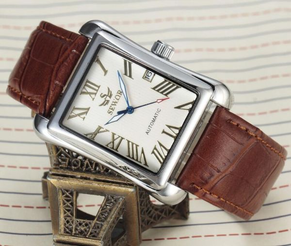

sewor mechanical watch automatic movement watch leather belt men's casual fashion watch sew02-3, Slivery;brown