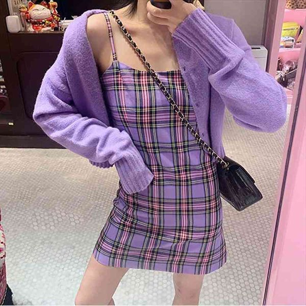 

qweek purple plaid print slip dress female womens summer sundresses cage casual staple mini short dresses backless, Black;gray