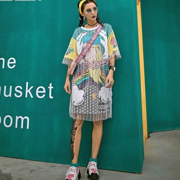 

street summer cartoon print womens dress above knee short sleeve false two pieces s901, Black;gray