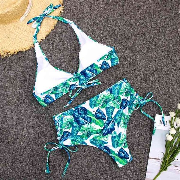 

high waist 2021 leaf print biquini string bikini beach swimsuit swimwear women push up trikini bathing suit mailloting
