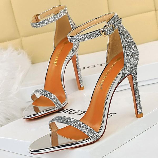 

sandals shoes sequins women high heels heeled 2021 summer open toe ladies, Black