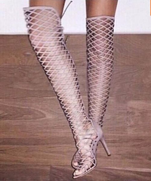 

sandals fashion summer women fishing net hollow outs long boots mesh fish mouth high heels sandalias femininas shoes woman, Black