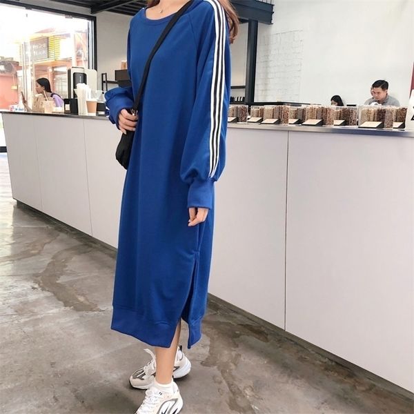 

women autumn long hoody dress straight long sleeve striped loose oversized casual split femme clothes 201103, Black