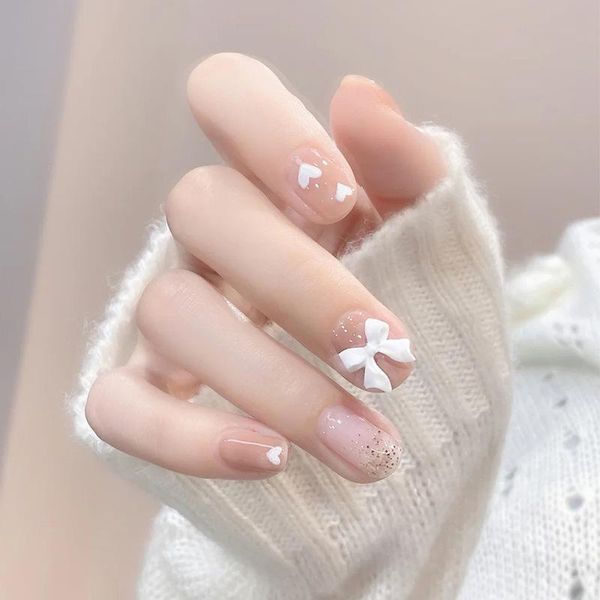 

false nails 24pcs love heart nail patch bow glue type removable short paragraph fashion manicure save time dl, Red;gold