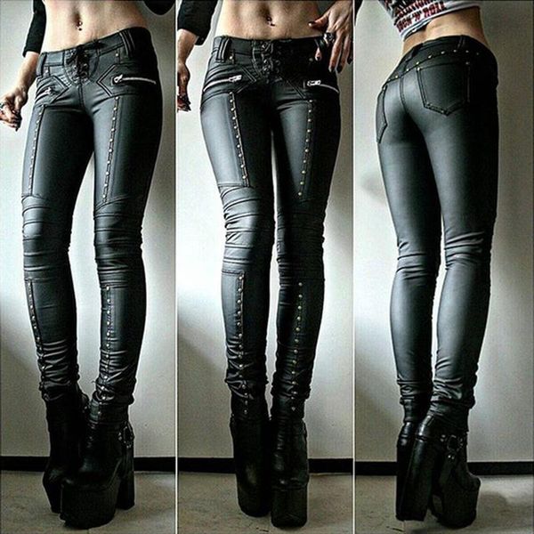 

women's pants & capris women faux leather slim fit pant spring autumn streetwear middle waist motorcycle long legging skinny trousers b, Black;white