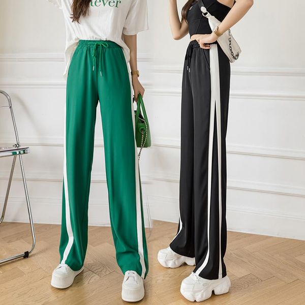 

women's pants & capris wide-legged women 's summer thin side striped fashion straight high waist draping green casual sports, Black;white