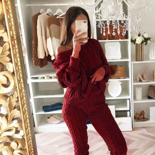 

women fashion 2 pieces new womens casual solid color knit sweater suit ladies soft long sleeve pullover elastic harem pants, Gray