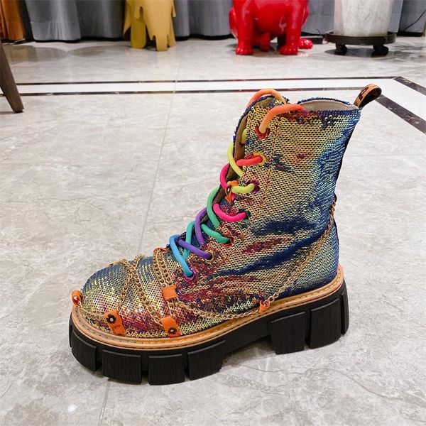 

boots olome womens match colors sequins bling metal chain ankle platform chunky high heel shoes punk vintage 2022, Black