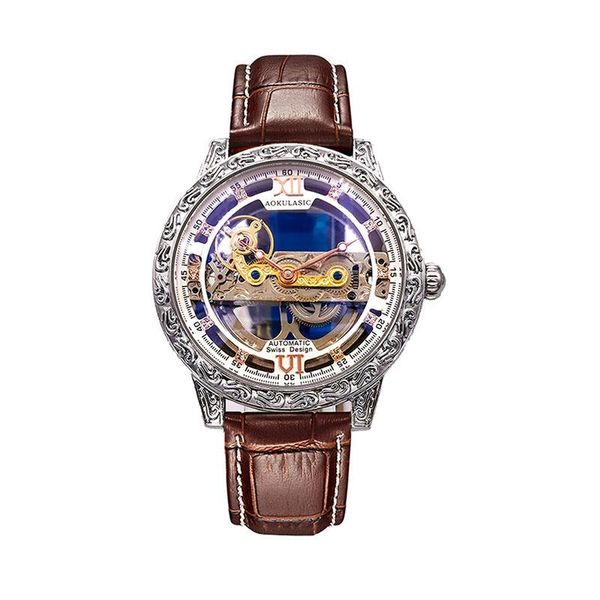 

wristwatches automatic men's mechanical watches self winding mens watch hollow waterproof luminous skeleton relojes para hombres, Slivery;brown