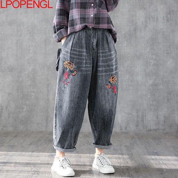 

women's jeans embroidered wide leg pants 2021 fall high waist mom denim baggy all-match elastic straight, Blue