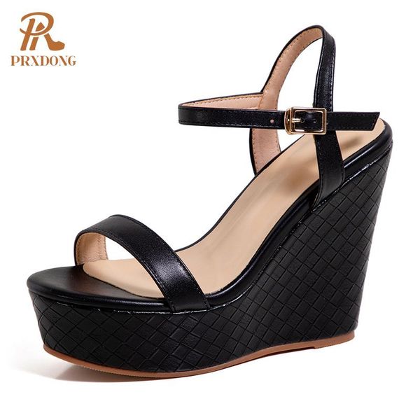 

dress shoes concise fashion women sandals 2021 summer wedges high heels casual genuine leather buckle platform woman 34-39, Black