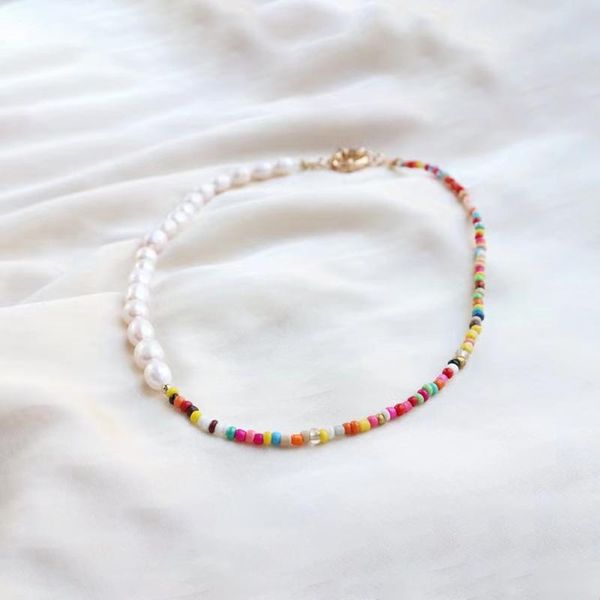 

chokers bohemian vintage fashion jewelry women's choker accessories colorful beaded natural pearl stainless steel buckle necklace trend, Golden;silver