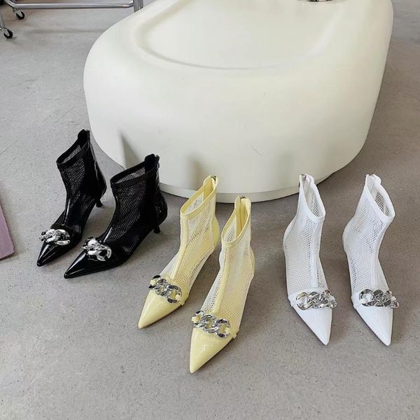

boots summer women sandals pointed toe ankle metal chain thin mid heels back zipper elegant mesh, Black