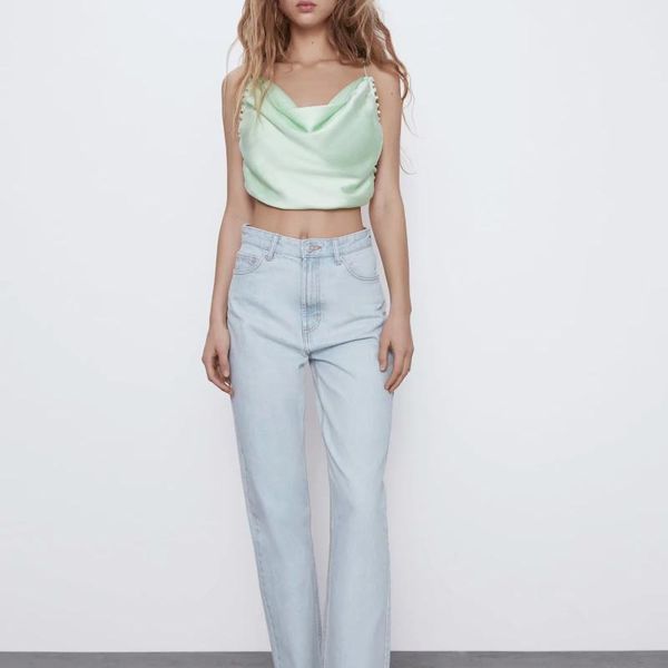 

women's tanks & camis 2021 women summer light green sateen flowing neckline backless adjustable crossover straps ruffle trims sexy, White