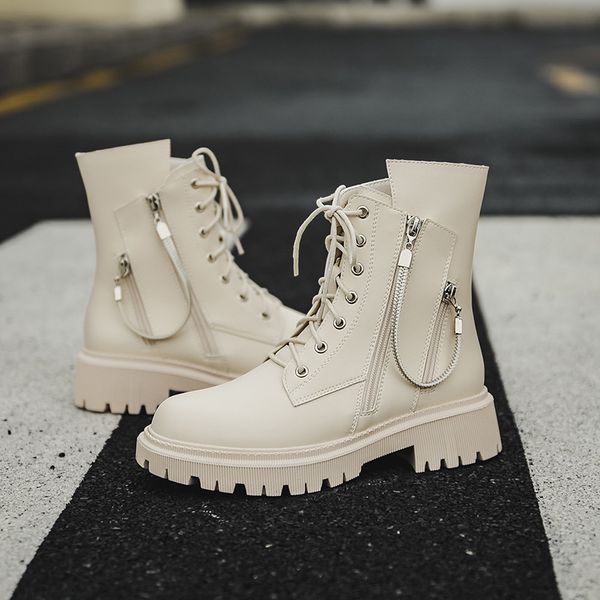 

short barrel martin women's 2021 autumn winter british style side zipper heel thick bottom handsome locomotive single boots, Black