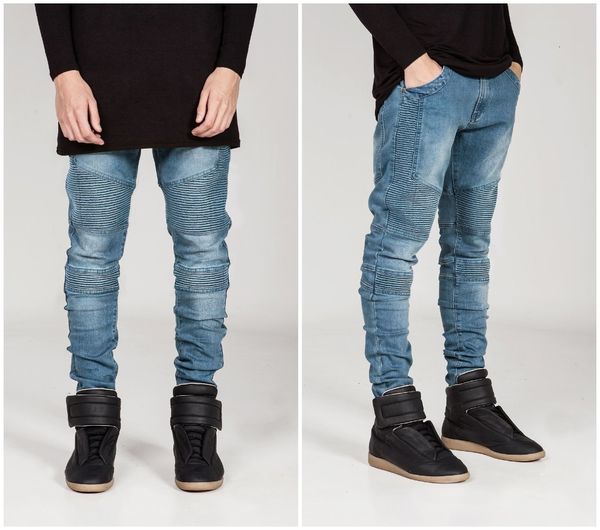 

streetwear men skinny biker jeans men's fashion motorcycle hip hop denim pants joggers runway slim elastic jeans, Blue