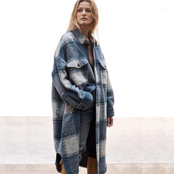 

women's wool & blends retro french ladies coat blue plaid woolen warm thicken loose long outdoor streetwear comfortable, Black