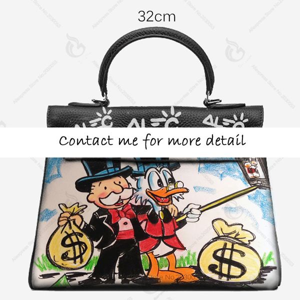 

handmade painted graffiti alec monopoly take p with duck handbags cow leather women bag 2021 new vintage ka ly gold hardware, Black;red