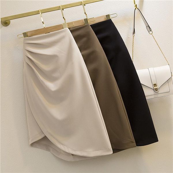 

skirts 2021 high waist women skirt casual plus size vintage solid sashes asymmetric midi fashion simple saia mujer faldas y420, Black