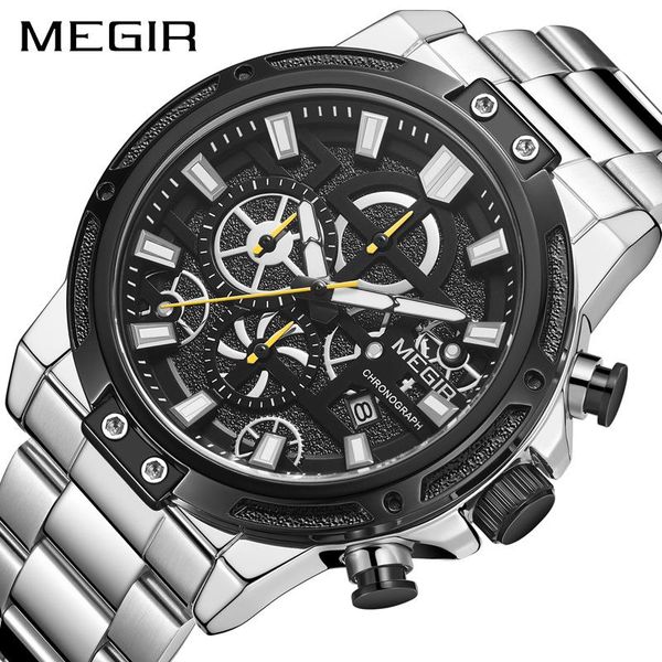 

wristwatches megir mens watches big dial quartz watch men stainless steel waterproof luminous relogio masculino montre homm, Slivery;brown