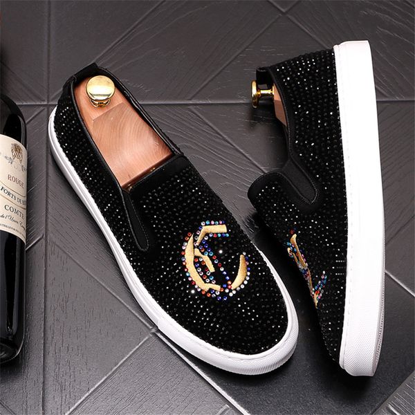 

new dandelion spikes flat leather shoes fashion men embroidery loafer dress shoes smoking slipper casual diamond shoe, Black