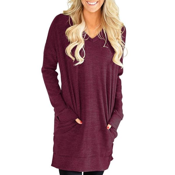 

vicabo pockets solid color women tshirt sides split long sleeve t shirt female v neck casual loose woman shirts, White